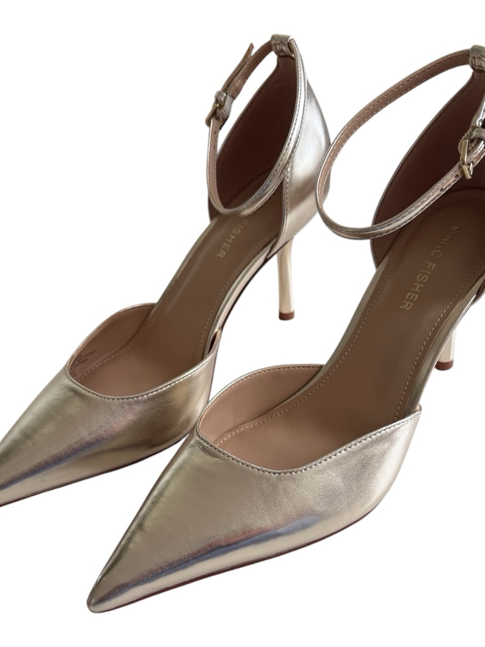 Marc Fisher Gold Pointed-Toe Ankle Strap Heels